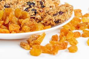 Oatmeal snacks with raisins, close-up