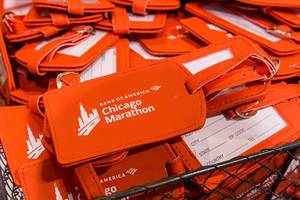 Orange address tags from Bank Of America for Chicago Marathon