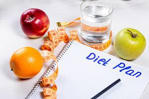 Orange, Apple, glass of water and measuring tape near the notebook with the inscription "diet plan"