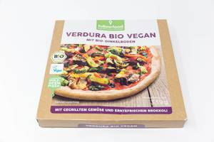 Packung von followfood Verdura Vegan Pizza mit Bio-Dinkelboden, gegrilltem Gemüse und Brokkoli