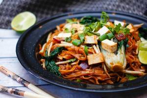 Pad Thai With Tofu and Green Vegetables Close-Up