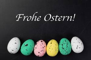 Painted Easter eggs with Frohe Ostern text