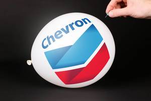 Person bringt einen Luftballoon mit Chevron Logo mit einer Stecknadel zum platzen mit schwarzem Hintergrund