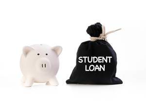 Piggy bank and money bag with Student loan text on white background