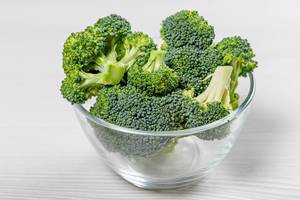 Pile broccoli in a glass bowl on a white background (Flip 2019)