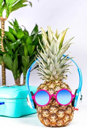 Pineapple in sunglasses and headphones with a suitcase and palm trees in the background (Flip 2020)