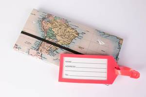 Pinkes Gepäck-Etikett und Geldbörse aus Weltkarte als stilvolle Reiseaccessoires