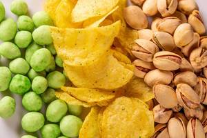 Pistachios, chips and peanuts