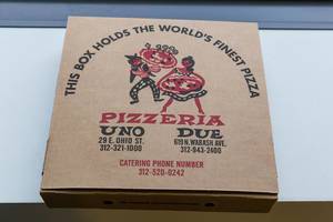 Pizza box with "worlds finest pizza" by Chicago Pizzeria Uno Due Go