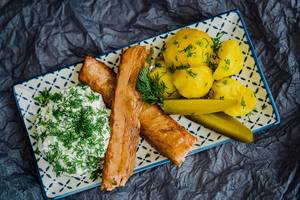 Plate Of Smoked Salmon With curd And Potatoes