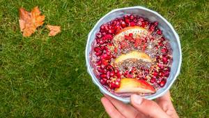 Pomegranate and apple with chia and flax seed in a protein/acai mix