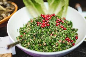 Pomegranate Salad with Mint Fresh Leaves in Glass Bowl (Flip 2019)