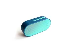 Portable small speaker in blue on white backround