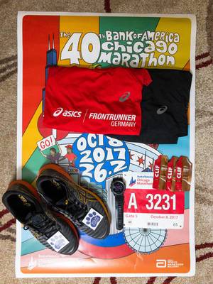 Preparation for the 40th Chicago Marathon 2017  with Anniversary Poster in Background