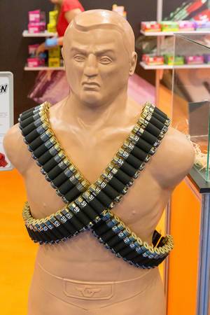 Promotion of Russian Shot Gum energy gum forming a bomb worn by a plastic man statue at Fibo Cologne