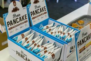 Protein Pancake with creamy chocolate filling made of whole grain with no added sugar by Ä, presented at Fibo, Cologne