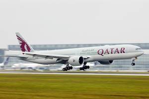 Qatar Boeing B777 taking off from Munich Airport, A7-BEB