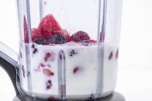 Raspberry Blackberry and Banana mixture for Smoothie in the blender (Flip 2019)