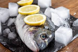 Raw Dorado fish with ice and lemon slices close-up (Flip 2019)