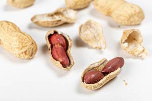 Raw peanuts in a whole shell and peanuts in a broken shell on a white background (Flip 2020)