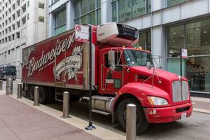 Red Budweiser beer delivery truck