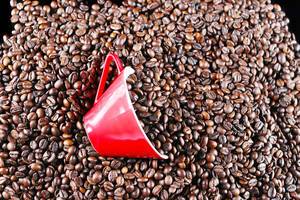 Red cup of coffee over coffee beans background (Flip 2019)