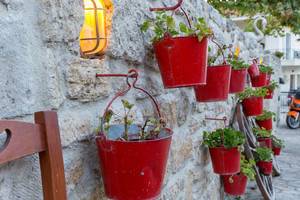 Red flower buckets hanging on hooks on a wall