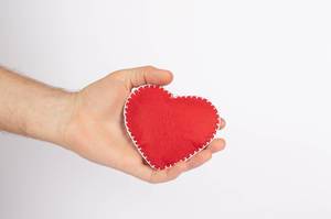 Red heart in hand on white background