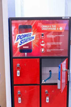 Red power station for instant phone charging at Fibo Cologne
