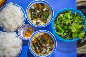 Rice Noodles with Marinated Pork Bun Cha in Hanoi