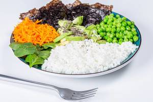 Rice with fresh vegetables, spinach, Chia seeds and nori on a white background (Flip 2019)