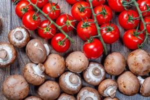 Ripe red tomatoes on branches with brown fresh mushrooms