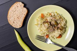 Risotto with Pork Meat and Green Paprika and Bread