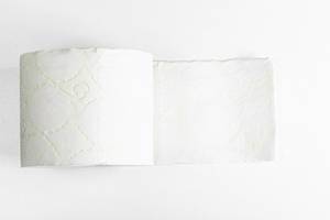 Roll of soft white toilet paper on a white background, top view