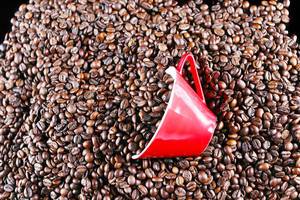 Rote Tasse umgeben von Kaffeebohnen