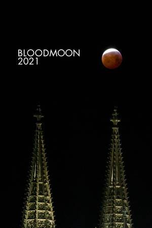 Roter Blutmond über dem Kölner Dom bei schwarzer Nacht, mit dem Bildtitel: Bloodmoon 2021