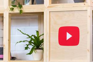 Rotes YouTube Symbol auf Holzplatte gedruckt, neben Pflanzen im Regal
