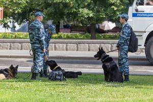 Russian police officers with police dogs
