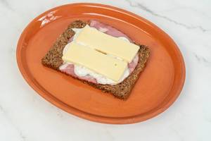 Rye Bread with Pork Neck and Cheese on the plate (Flip 2019)