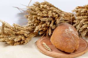 Ryebread with ears of wheat on white background