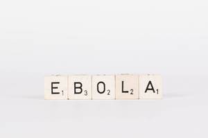 Scrabblesteine / Holzsteine zeigen das Wort Ebola, vor weißem Hintergrund