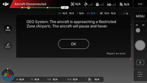 Screenshot DJI GO App mit Restricted Zone Fehlermeldung