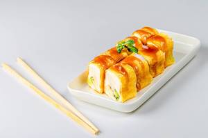 Set of sweet rolls with cheese and fruit on a white background with chopsticks (Flip 2020)