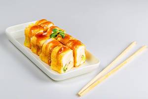 Set of sweet rolls with cheese and fruit on a white background with chopsticks