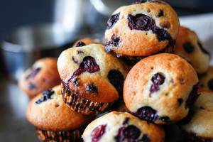 Several well-baked blueberry muffins close up