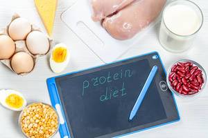 Sicht von oben auf Zutaten für eine proteinreiche Ernährung