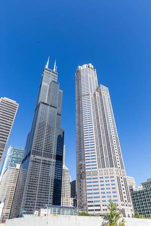 Skyscrapers and blue sky: Willis Tower and 311 South Wacker Drive in Downtown Chicago