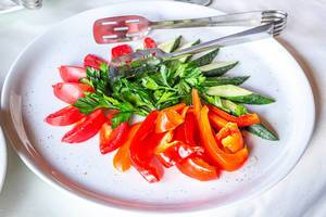 Sliced fresh tomatoes, cucumbers and bell peppers and parsley on a plate