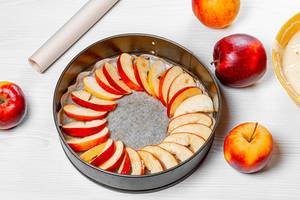 Slices of apples laid out on parchment paper in a baking sheet (Flip 2019)