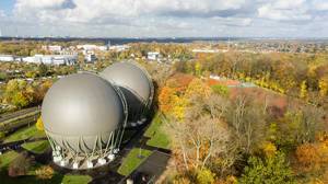Spherical gas tank in Buchheim, Cologne - aerial photo